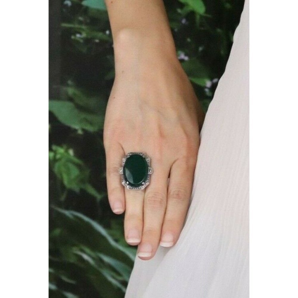 Sterling Silver Green Onyx and Marcasite Ring Art Deco Ring Size 5 - Picture 3 of 8